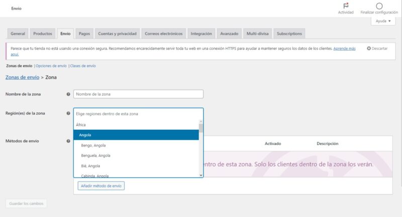 Opciones de envío WooCommerce