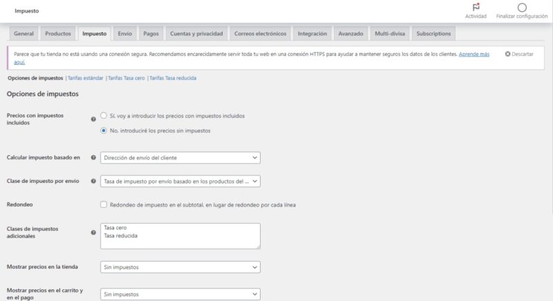 Tasas de impuestos WooCommerce