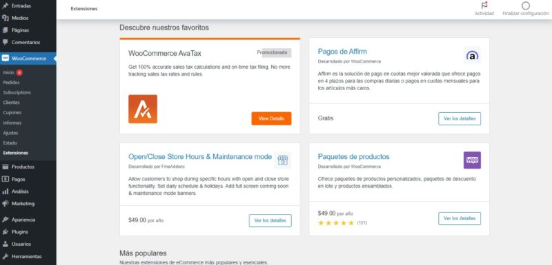 Instalación de complementos en Woocommerce