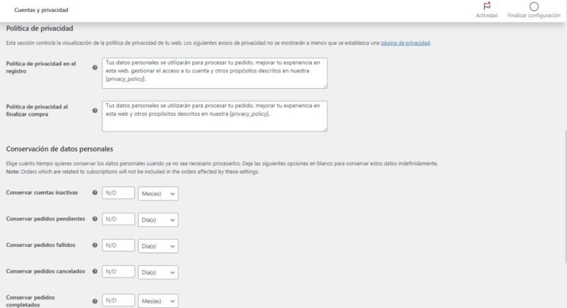 Privacidad WooCommerce