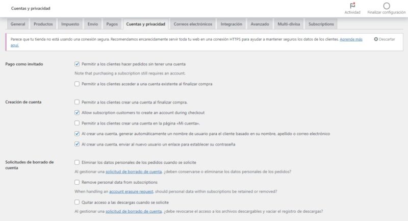 Privacidad WooCommerce